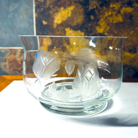 Accents | Vintage Etched Crystal Bowl Satin Rose Etched Design 8 | Poshmark